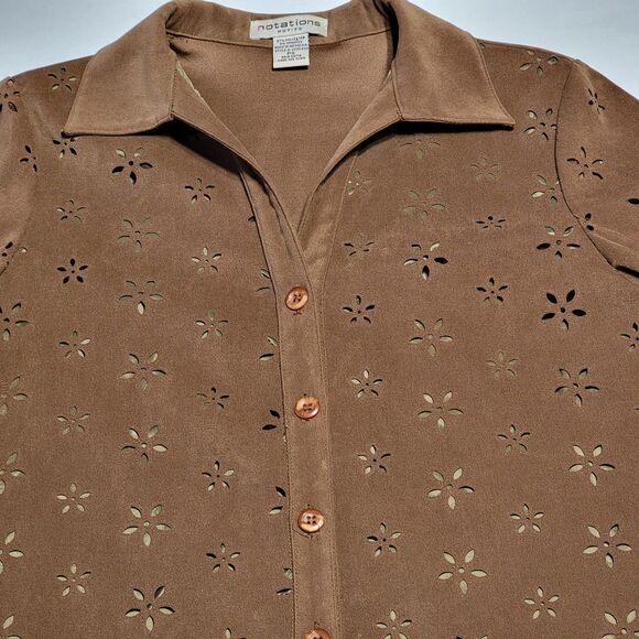 Notations Full Button LS Blouse Dark Brown w/ cut out flowers Size Small Petite - Picture 1 of 4